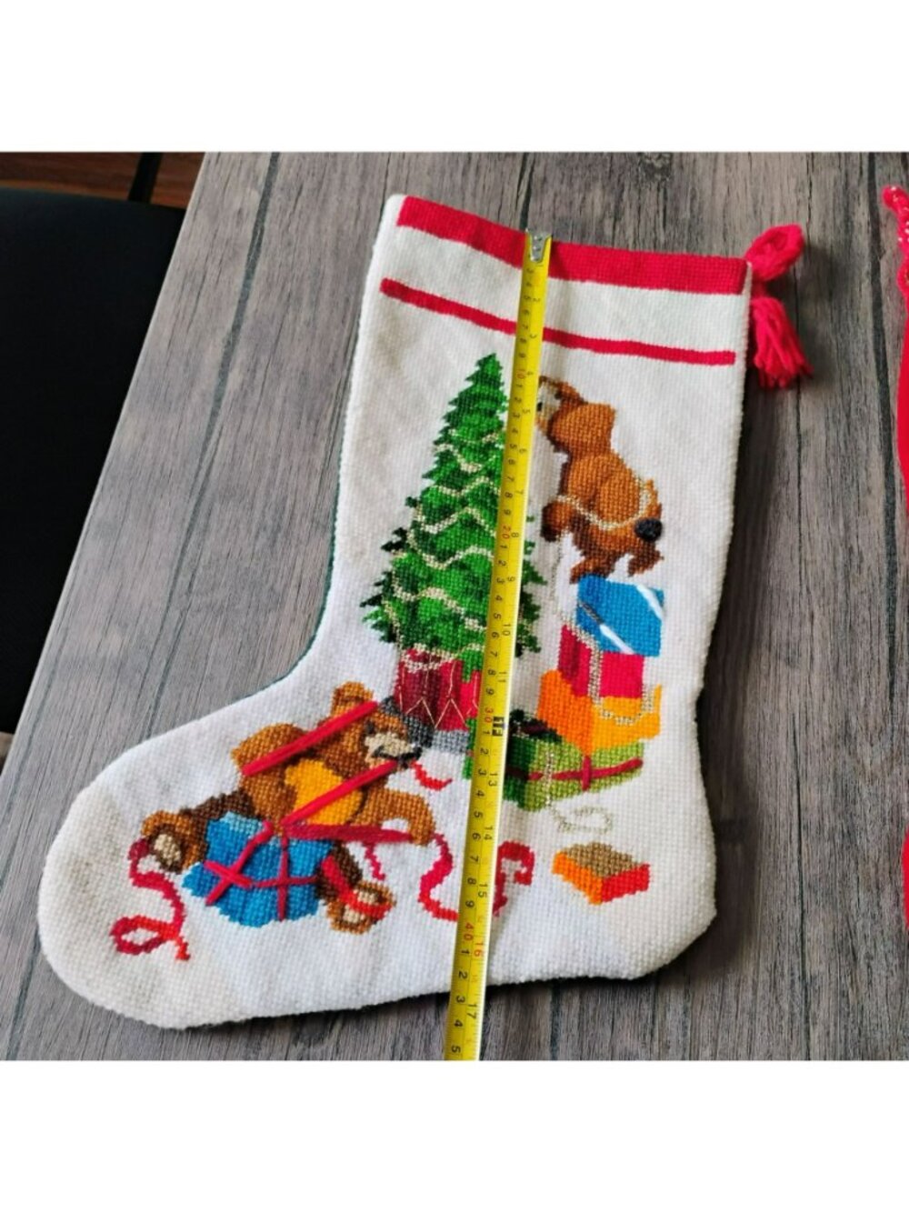 Vintage Handmade Needlepoint Christmas Stockings Set Of 2 Santa & Bear Trimming - Picture 3 of 11